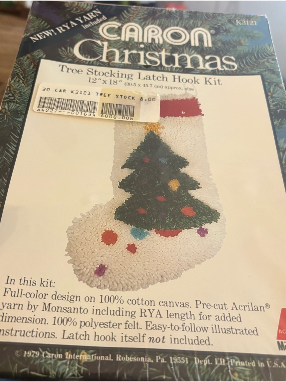 Caron Christmas Tree Stocking Latch Hook Kit - White, Green, Red
